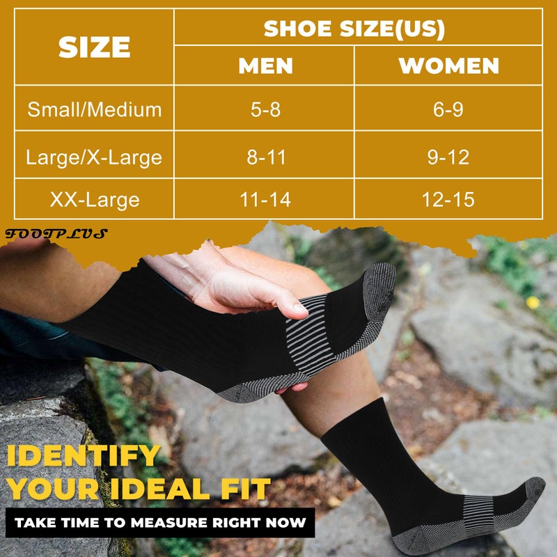 FOOTPLUS Copper Socks for Men, Women FOOTPLUS Mid Calf Arch Support Moisture Wicking Running Cross Cushioned Sole Anti Odor Hiking Camping Trekking Mountain Climbing Socks, 6 Pairs All Black Fit, Large - Image 3